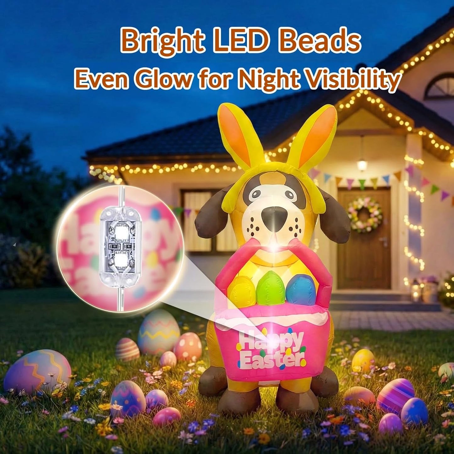 6 FT Easter Inflatables Dog Outdoor Decorations with Bunny Ears, Blow Up Easter Dog Holding Eggs Basket with Build-in LED Lights, Giant Spring Holiday Inflatable Yard Decor for Lawn Garden