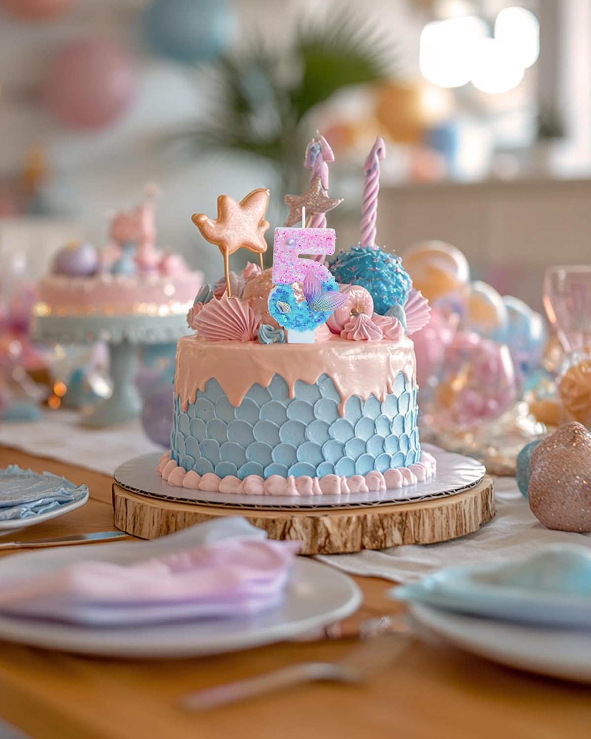 인어 테마 생일 양초, 숫자 5 여아용 글리터 생일 파티 용품, 기념일 파티 장식, 7.3cm(2.8인치) 케이크 토퍼 장식 (인어 테마, 숫자 5)