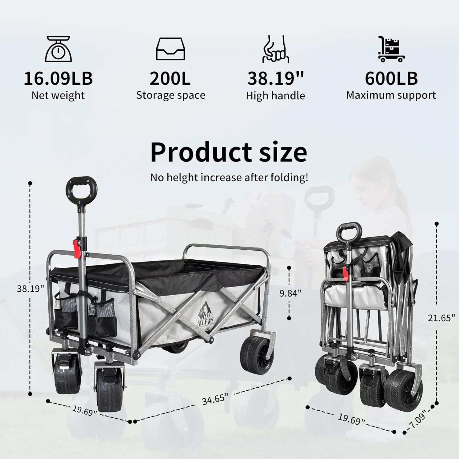 Collapsible Wagon - 600LBS Heavy-Duty Large Capacity Foldable Utility 