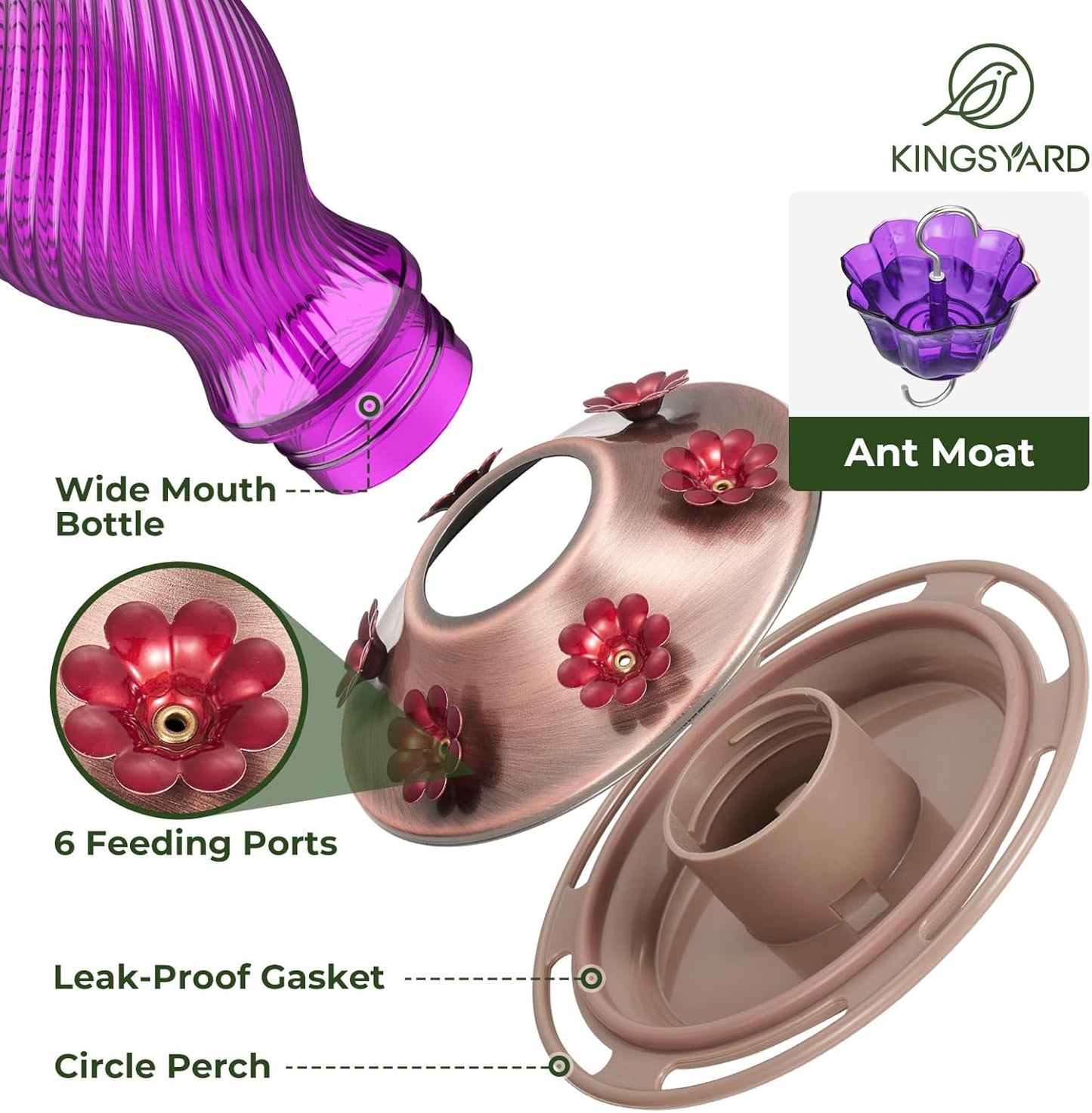 Kingsyard Glass Hummingbird Feeders for Outdoors, 24 oz Hummingbird Nectar Feeder for Outdoors Garden Yard D�cor, 6 Feeding Ports, Ant Moat Included, Easy to Clean & Refill, Purple