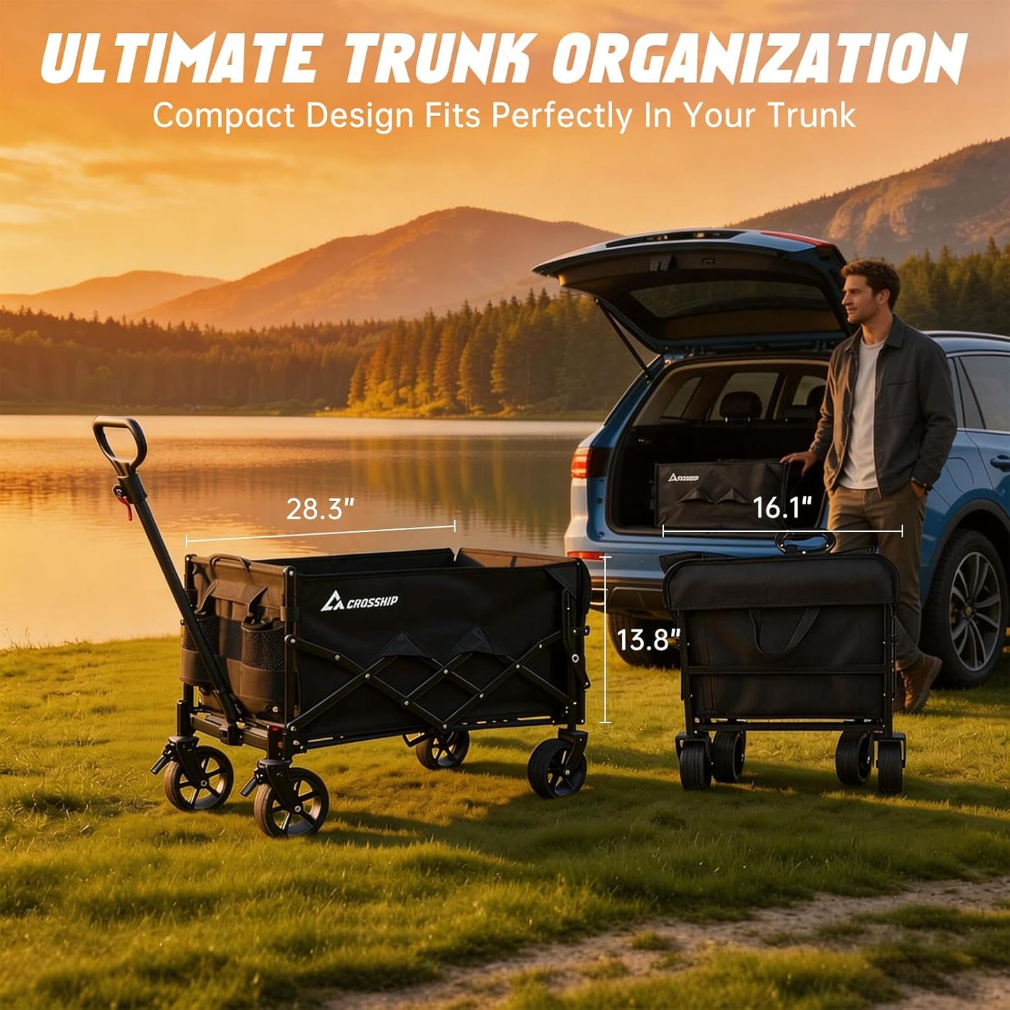 Collapsible Wagon Cart with Drop-Down Tailgate, 150L Heavy Duty Foldable Garden Cart 350 lbs Capacity, All-Terrain Wheels Utility Wagon for Beach, Camping, Long Items & Pet Transport