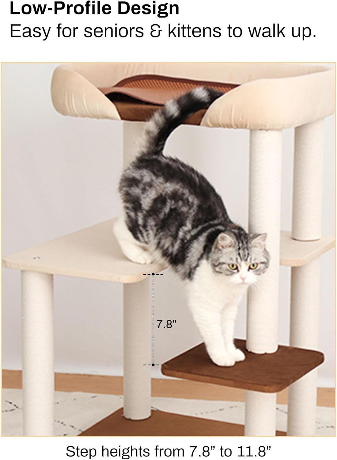 Cat Tree for Large Cats, Modern Senior Friendly Cat Tower with Wide Sh
