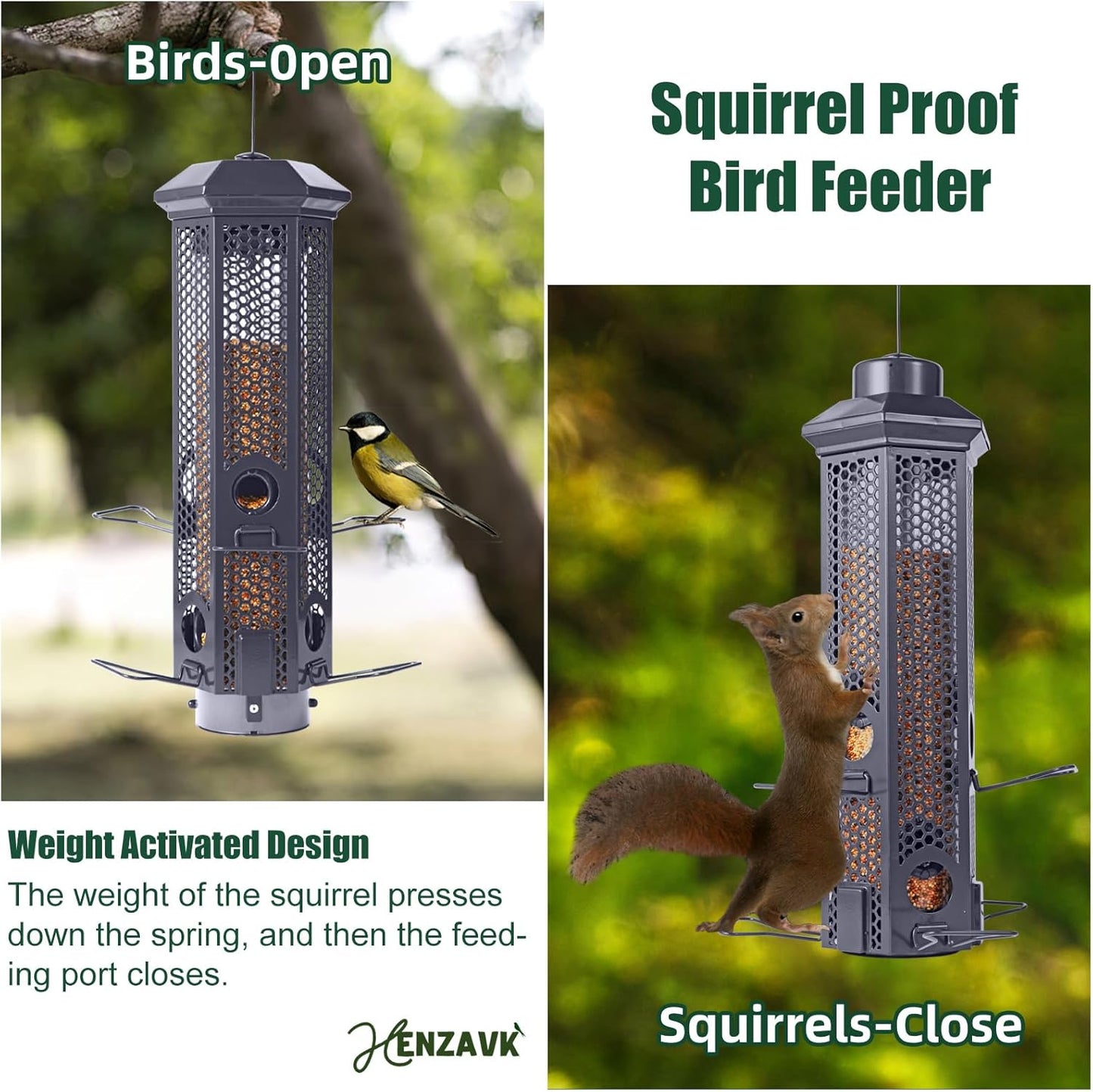 Squirrel Proof Bird Feeders with Removable Base, Metal Wild Bird Feeder for Outdoors Hanging, 6 Weight-Activated Ports Perches, 3LB Seed Capacity(Gray)