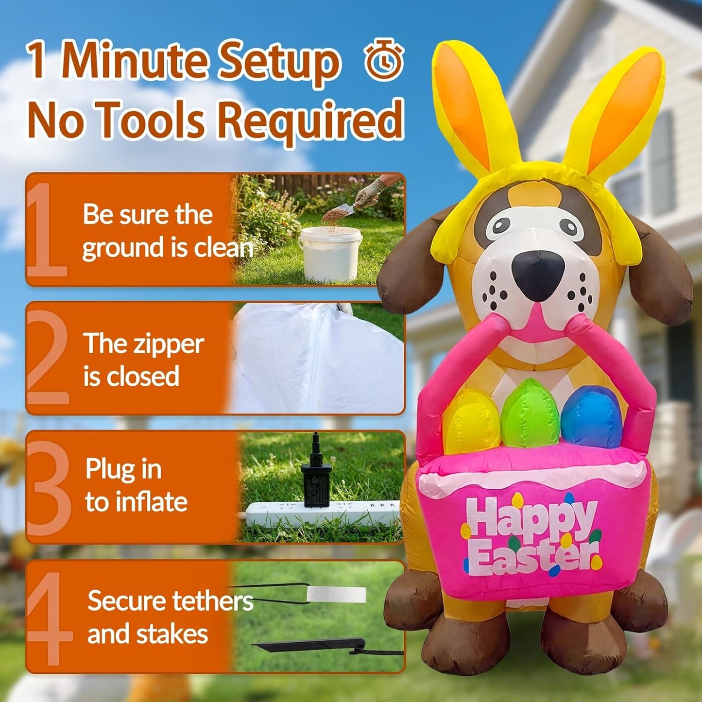 6 FT Easter Inflatables Dog Outdoor Decorations with Bunny Ears, Blow Up Easter Dog Holding Eggs Basket with Build-in LED Lights, Giant Spring Holiday Inflatable Yard Decor for Lawn Garden