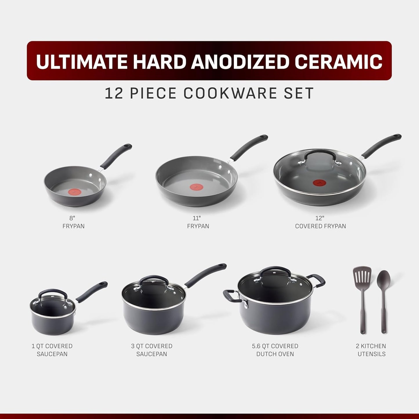 T-Fal Ultimate Hard Anodized 12-Piece Ceramic Nonstick Cookware Set, O