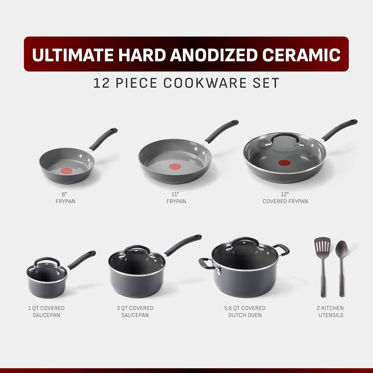 T-Fal Ultimate Hard Anodized 12-Piece Ceramic Nonstick Cookware Set, O