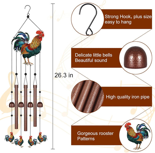 Roosters Wind Chimes for Outside,Metal Windchimes with S Hook with Pla