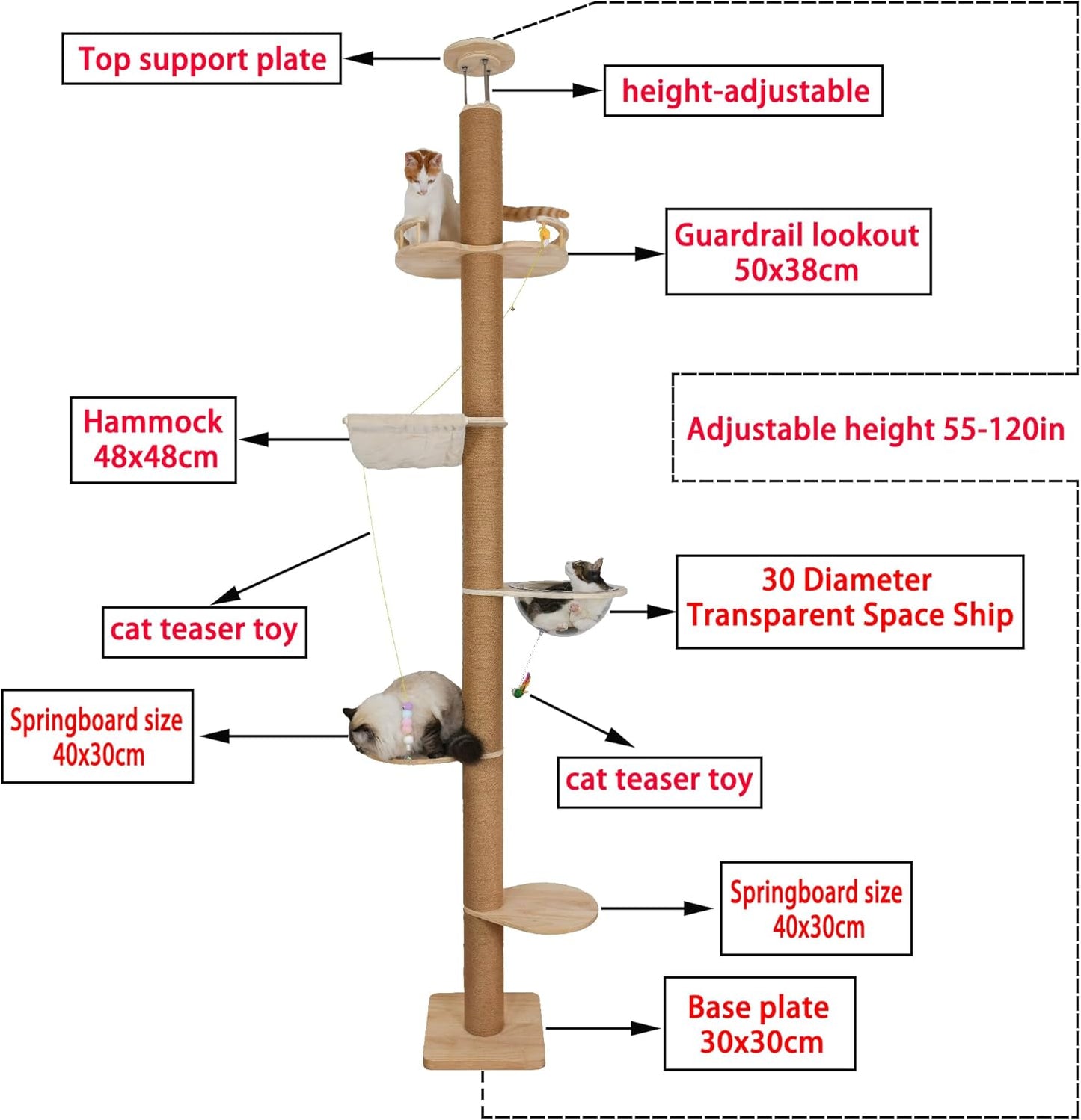 Floor to Ceiling Cat Tree Height (50-120in) Adjustable Cat Tower 5 Tie