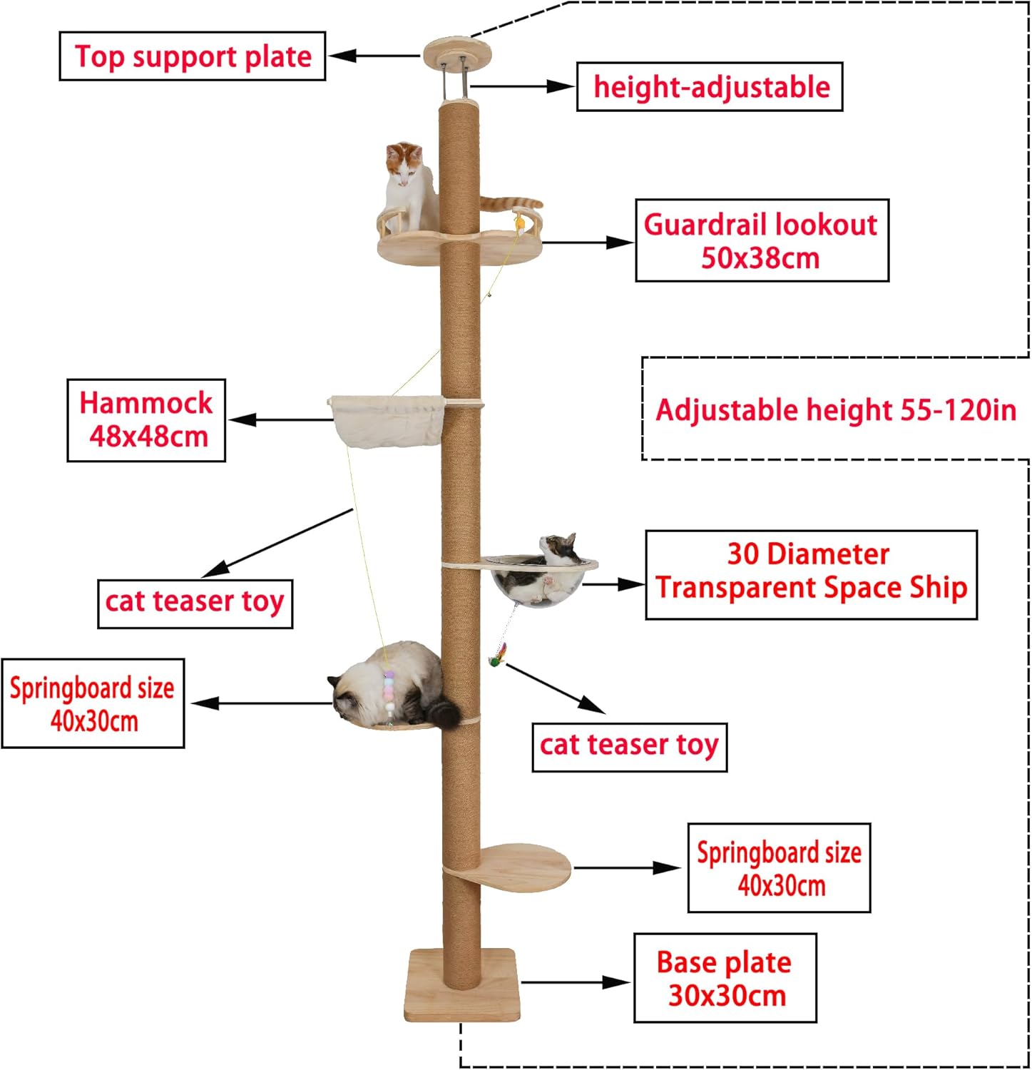 Floor to Ceiling Cat Tree Height (50-120in) Adjustable Cat Tower 5 Tie