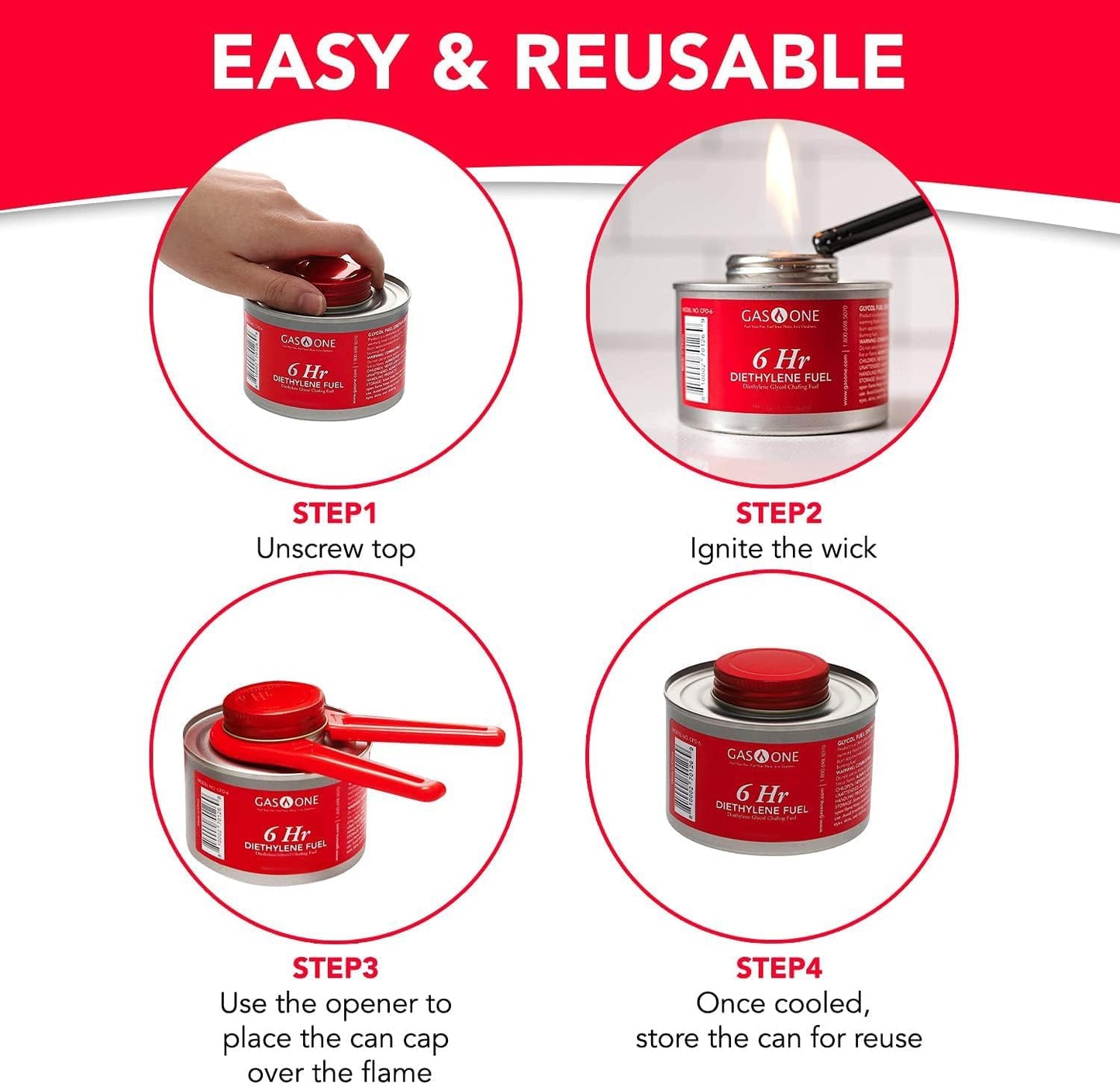 Gas One 6 pack 6 Hour Chafing Fuel - Food Warmer for Chafing Dish Buffet Set - Liquid Safe Fuel With Wick & Lid Opener for Chafing Dish