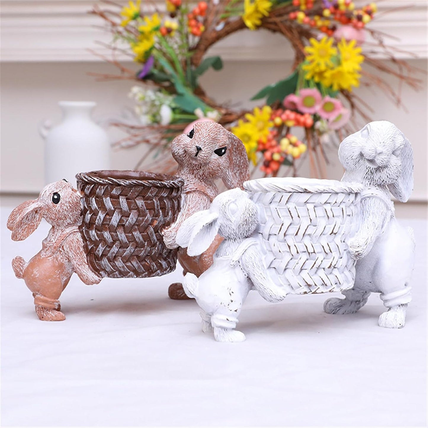 Easters Bunnies Lifting Basket Resins Figurines for Home Decors Rabbits Statues Succulents Small Planter Pots