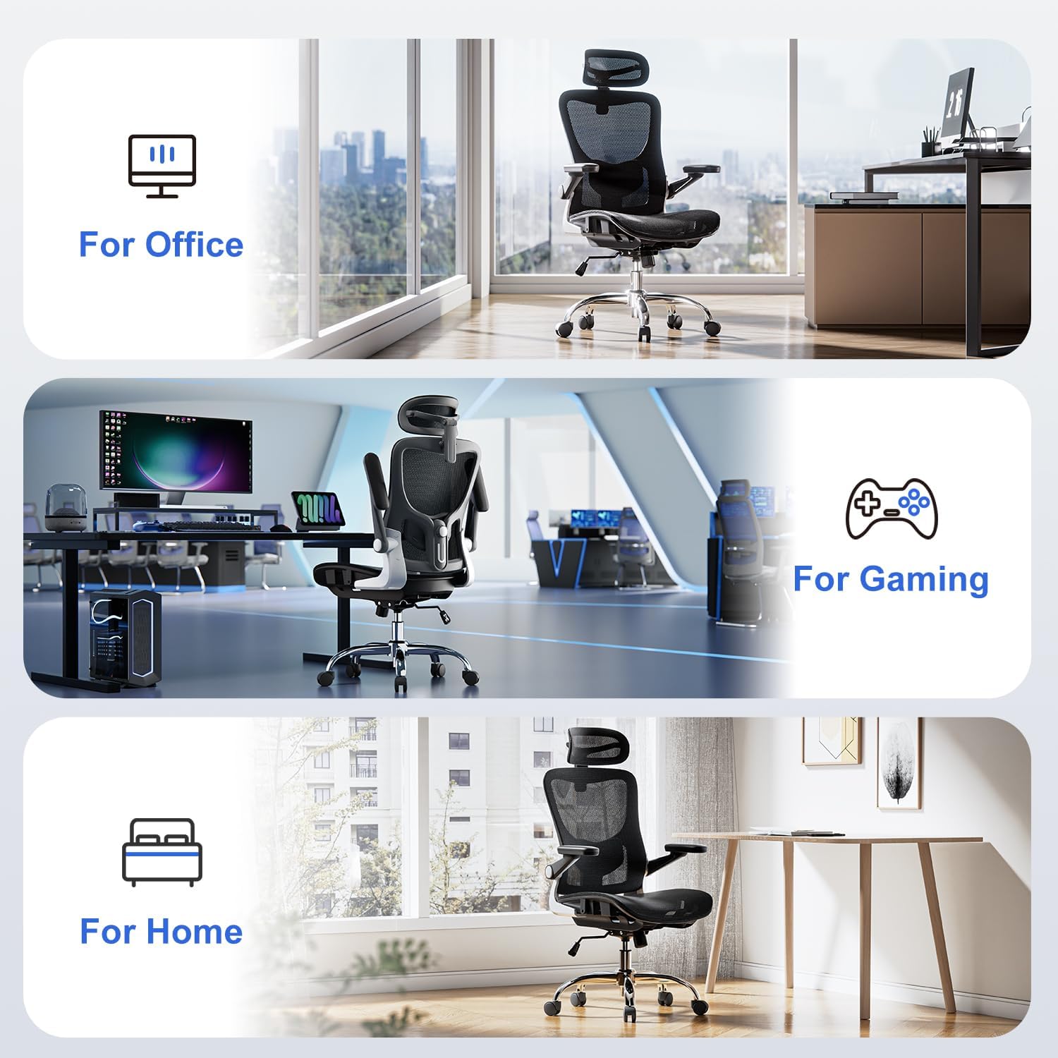 Ergonomic Office Chair, Mesh Seat Cushion with 3D Armrests and 3D Head