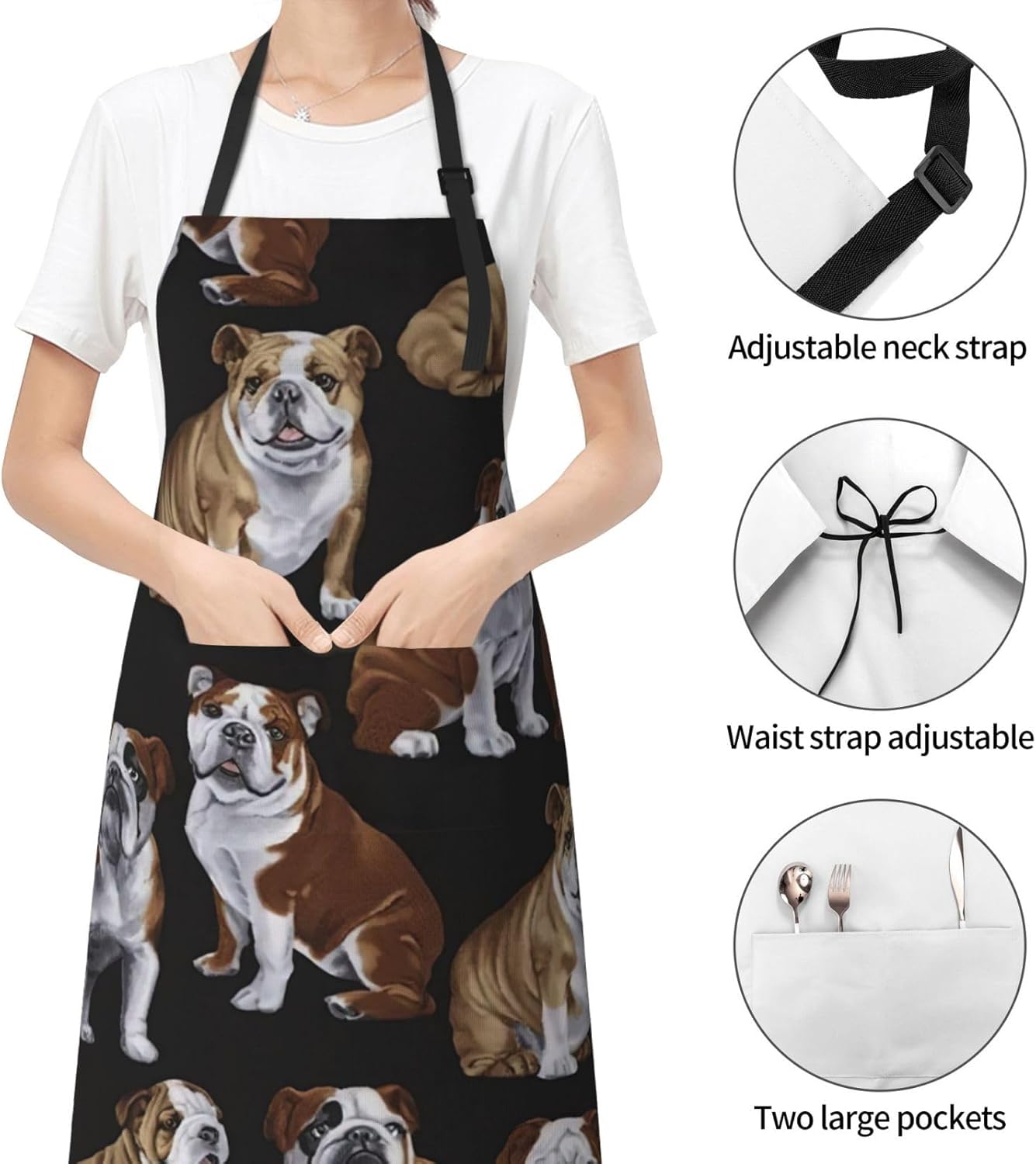 English Bulldogs print Waterproof apron with pocket adjustable cooking apron for adult kitchen bibs to bake