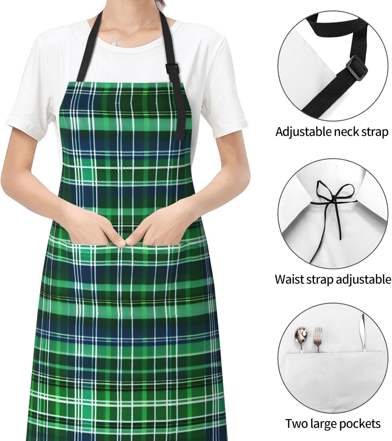 Blue and Green Scottish Tartan print Waterproof apron with pocket adjustable cooking apron for adult kitchen bibs to bake