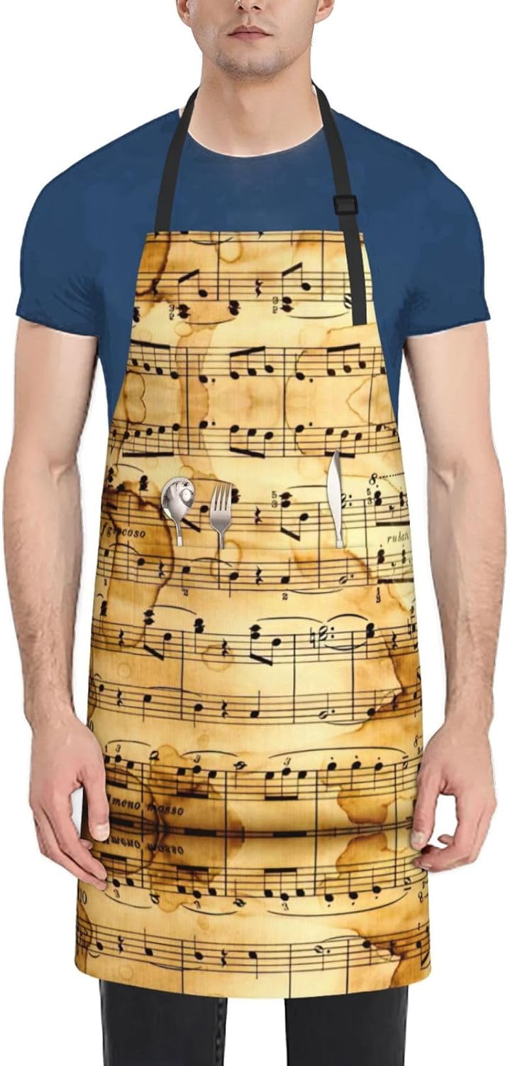 Music Note Print Print Laundry apron 28x33 In Waterproof Kitchen Apron with Pockets for Cooking Baking