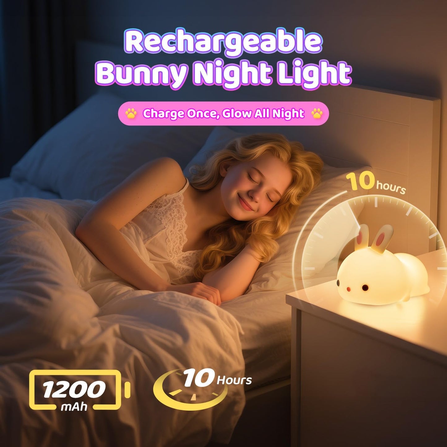 OneFire Easter Bunny Gifts for Kids, 16 Colors Night Light for Kids Cute Lamp, Soft Silicone Baby Night Light, 1200mAh Portable Dimmable Bunnies Touch Lamps, Easter Gifts Bunny Toys Kawaii Room Decor