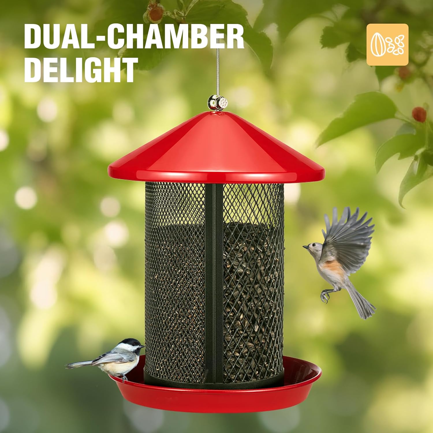 Veehoo Metal Bird Feeder for Outdoors-Dual Seed Chambers & Wild Bird F