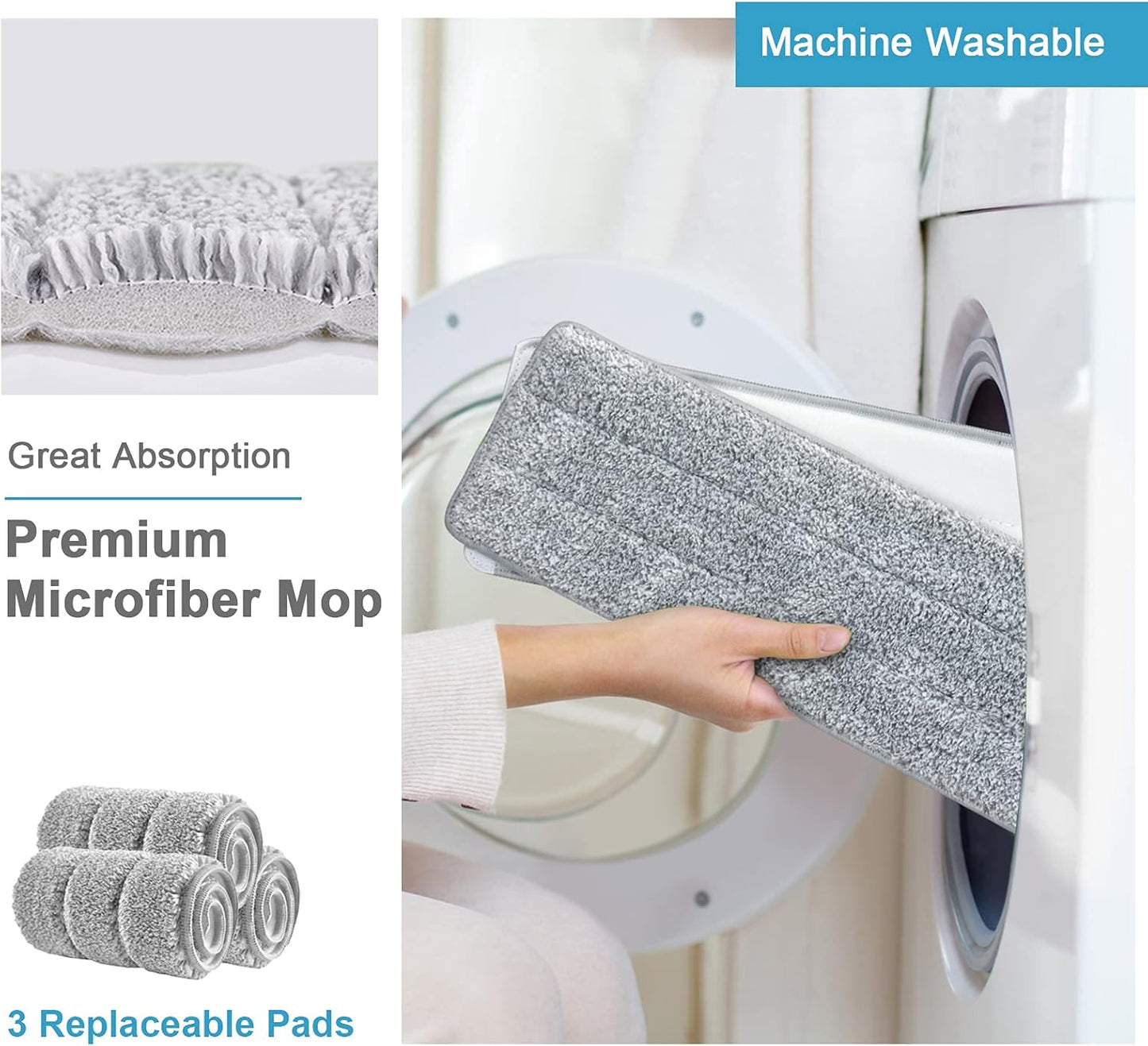 Mop and Bucket with Wringer Set, Hands Free Flat Floor Mop and Bucket, 3 Washable Microfiber Pads Included, Wet and Dry Use, Home Floor Cleaning System for All Floor Types and Windows