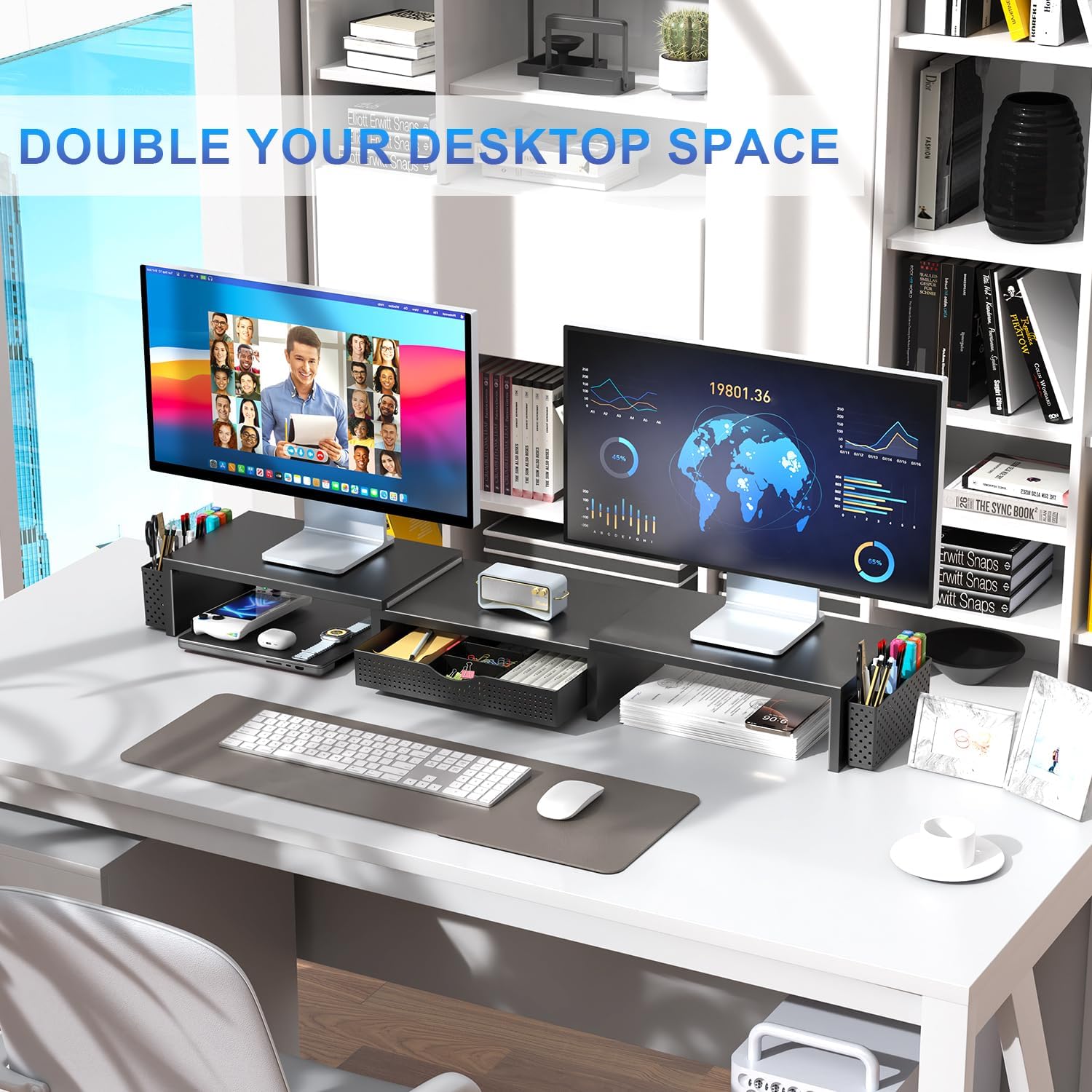gianotter Dual Monitor Stand Riser, Desk Organizer With Drawer and 2 P