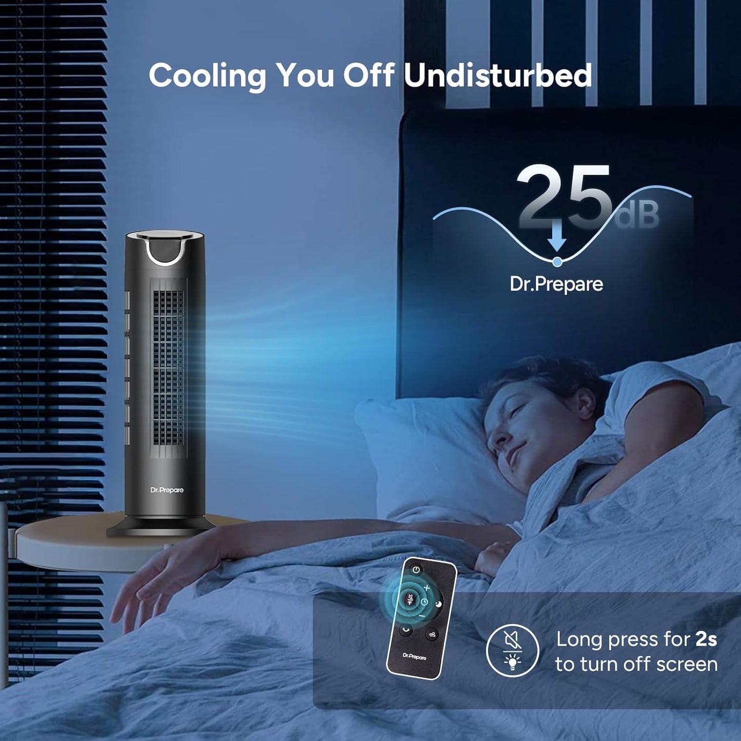 DR.PREPARE Tower Fan for Bedroom, 25 dB Quiet DC Bladeless Fan with Remote, 8 Speeds, 1-8H Timer, 80° Oscillating Fans for Indoors, 16 Inch Portable Desk Table Fans for Room, Home, Office