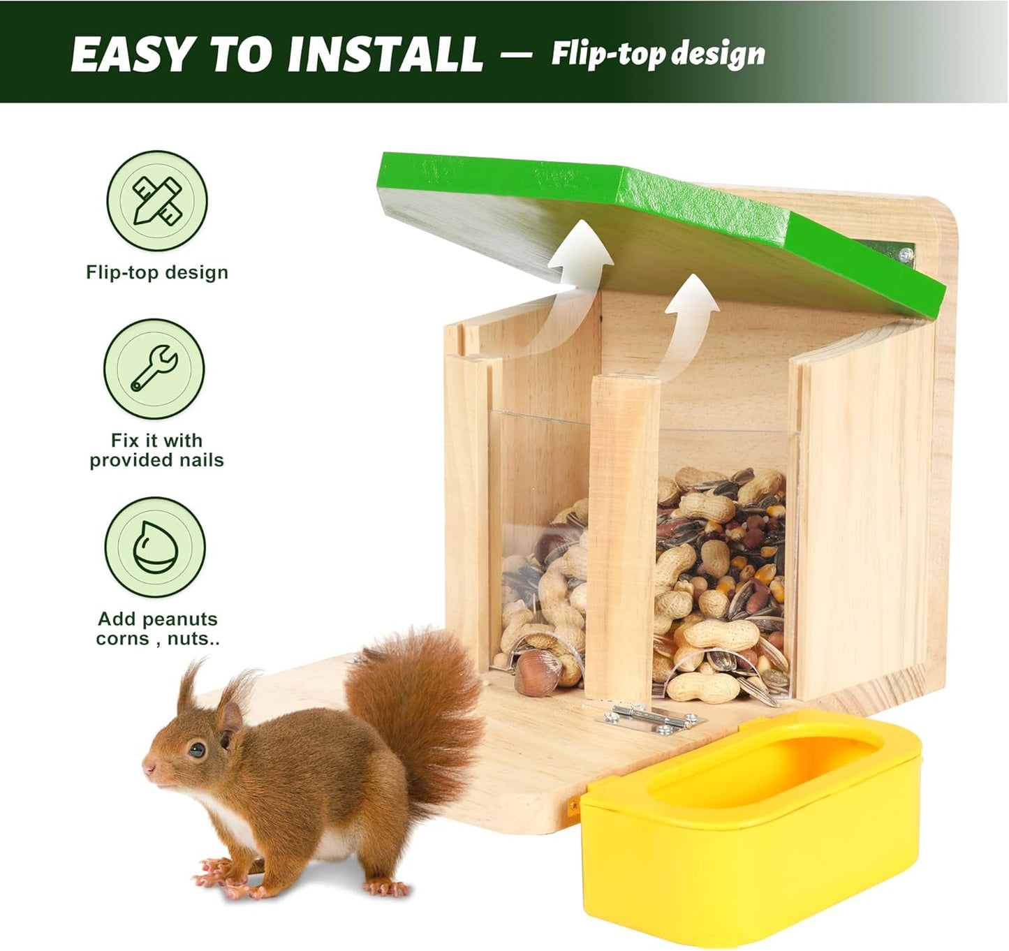 MIXXIDEA Wooden Squirrel Feeders for Outside with Water Bowl, Large Ca
