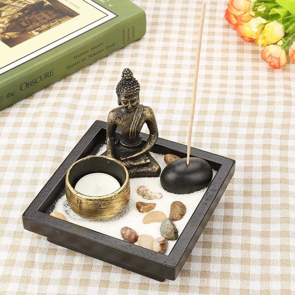 Desktop Zen Garden Kit, Mini Buddha Statue Tealight Candle Holder Ornament for Yoga Meditation Home Table Decor Gift