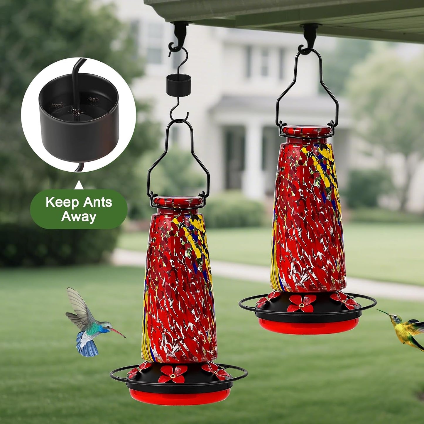 Hummingbird Feeders for Outdoors Hanging, 21 Ounces Glass Nectar Feeder with Ant Moat and 5 Bee Guard Feeding Ports, Leak Proof