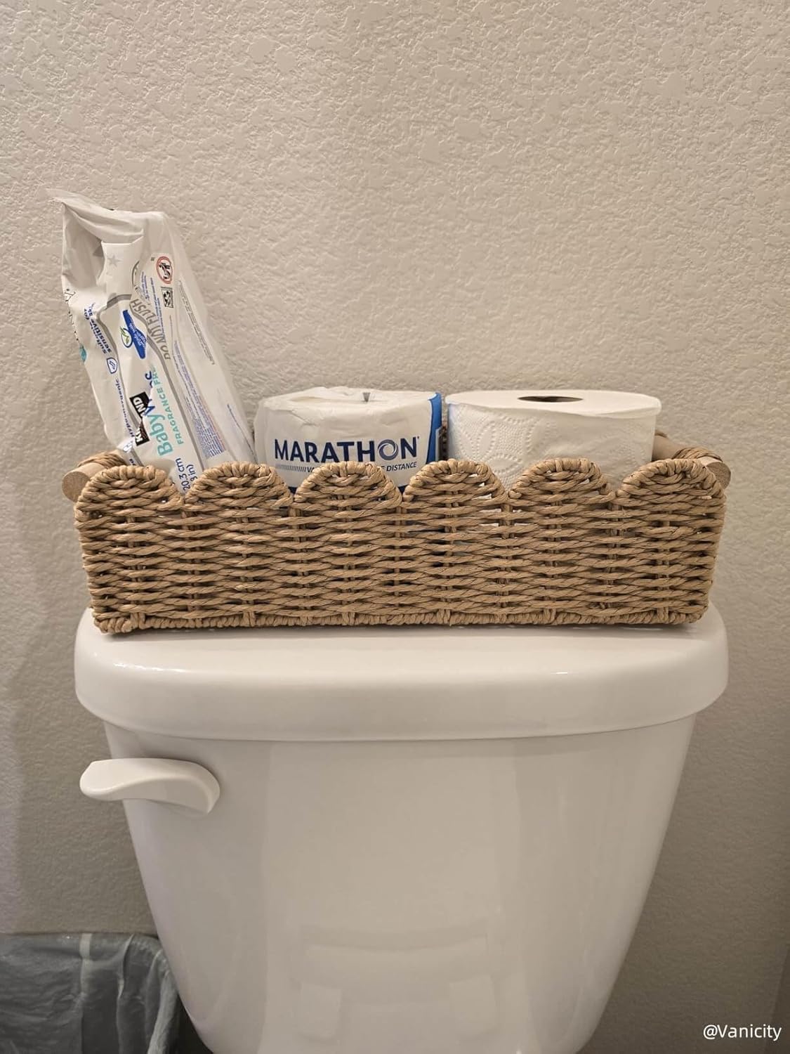 CubesLand Paper Rope Scalloped Edge Toilet Paper Storage Basket, Small