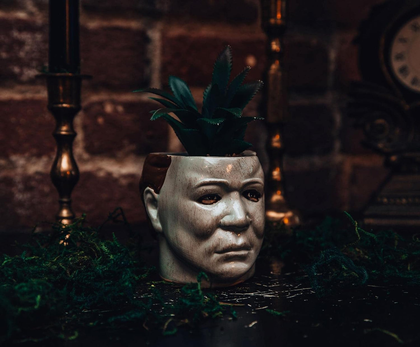 Toynk Halloween Michael Myers 3-Inch Ceramic Mini Planter with Artificial Succulent | Small Flower Pot, Faux Indoor Plant