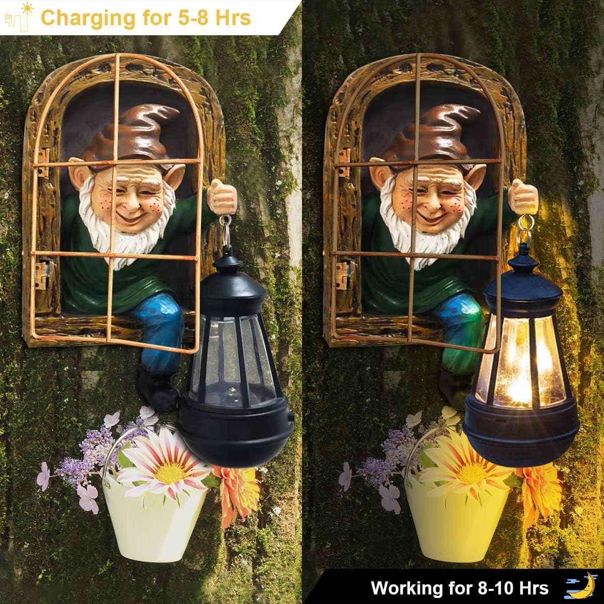 Gnomes Statue with Solar Lights Spring Decorations Whimsical Fairy Garden-10 Inch Elf Outdoor Tree Hugger Garden Statues- Tree Face Sculpture, Yard Art for Patio,Fence,Lawn,Wall Gnomes Ornament