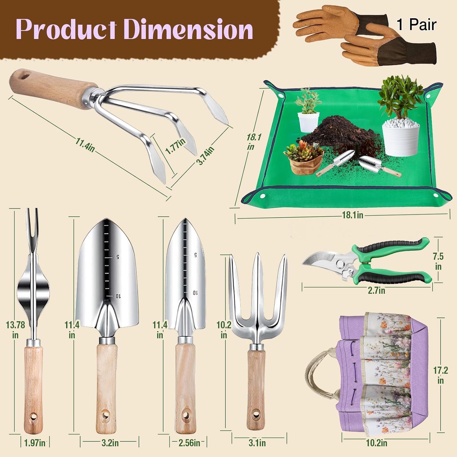 Gardening Tools 9-Piece Heavy-Duty Garden Tools Set, Stainless Steel G