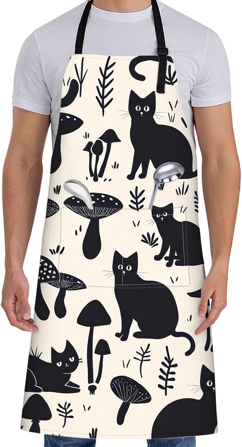 Black Cat Apron for Women with Mushroom,28x33in,Cute Kitten Kitchen Ap