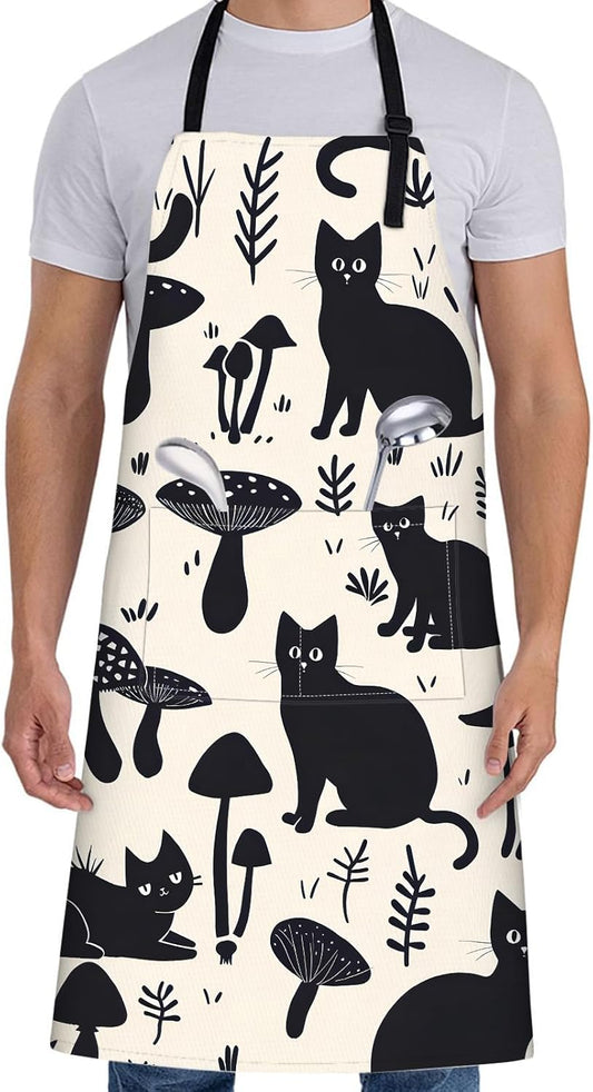 Black Cat Apron for Women with Mushroom,28x33in,Cute Kitten Kitchen Ap