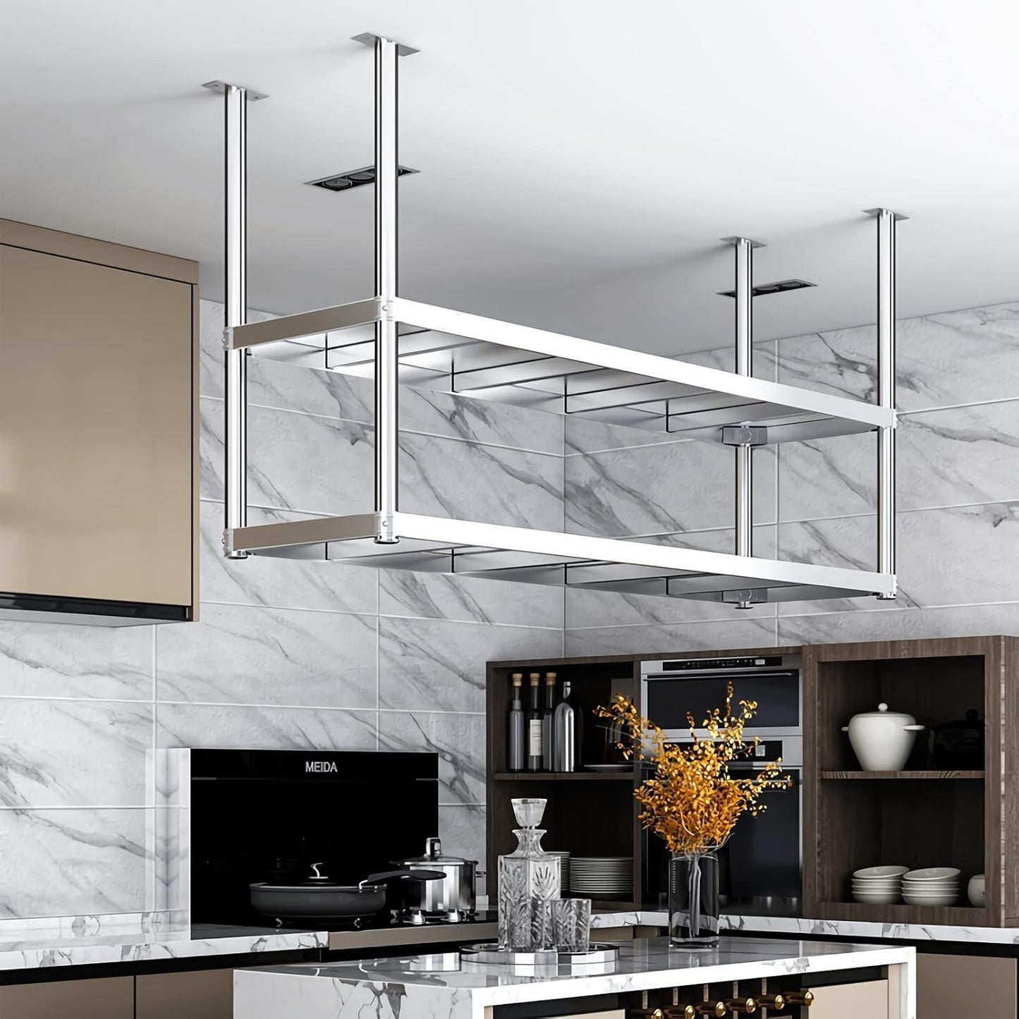 Stainless steel ceiling wine rack, hanging storage rack, minimalist kitchen shelf, outdoor plant stand, 2-tier kitchen shelves, easy to install, can bear 70-90kg (size: 120 * 35 * 80cm)