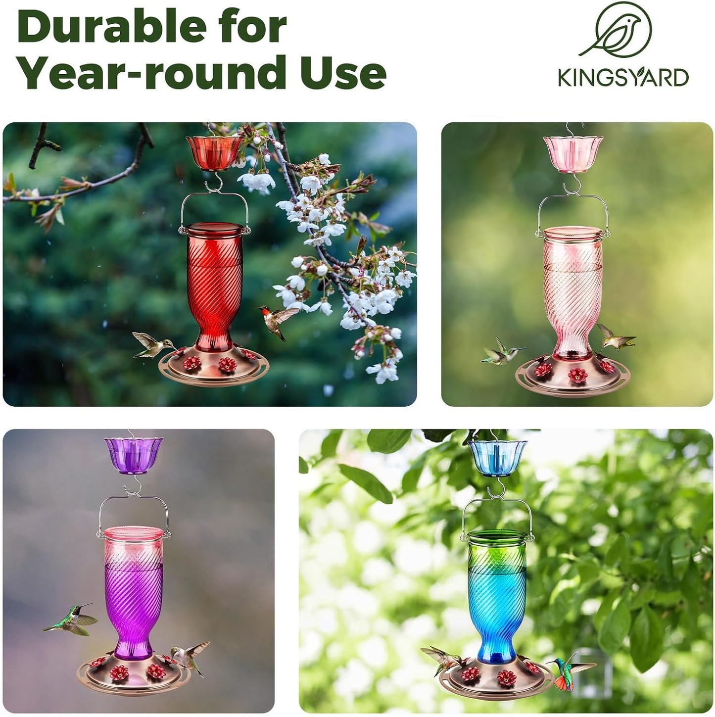 Kingsyard Glass Hummingbird Feeders for Outdoors, 24 oz Hummingbird Nectar Feeder for Outdoors Garden Yard D�cor, 6 Feeding Ports, Ant Moat Included, Easy to Clean & Refill, Purple