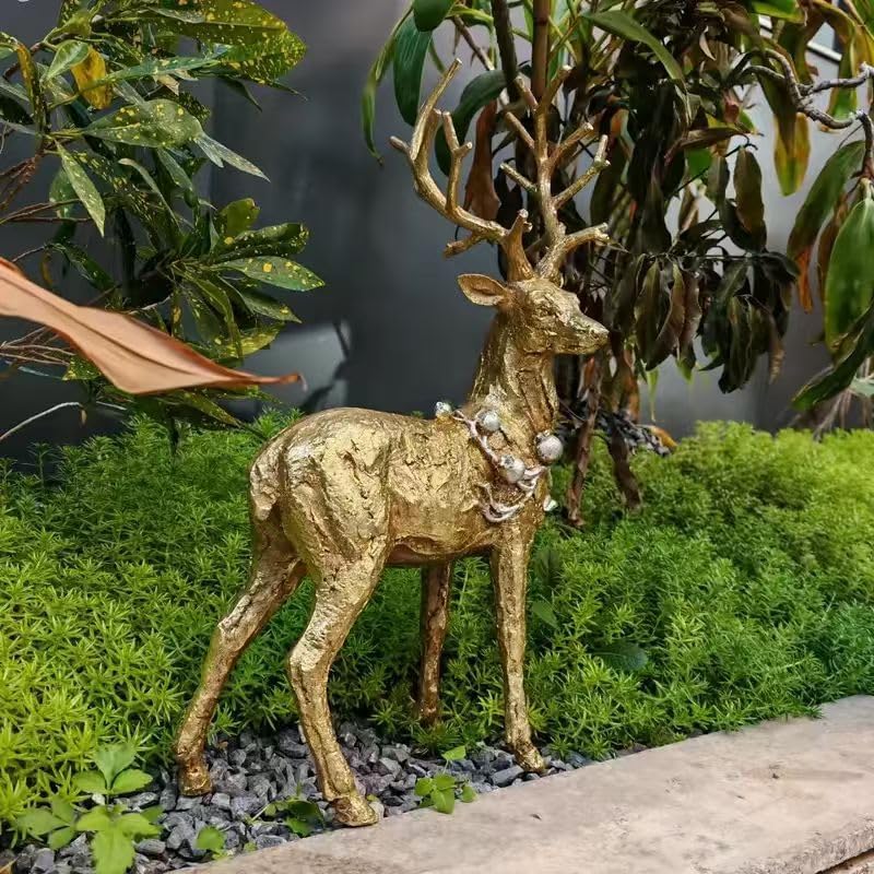 Elegant Golden Deer Sculpture with Large Antlers, Modern Resin Animal Statue with Metallic Finish for Outdoor Garden, Lawn, Patio, Living Room Decor, Striking Christmas & New Year Festival Gift