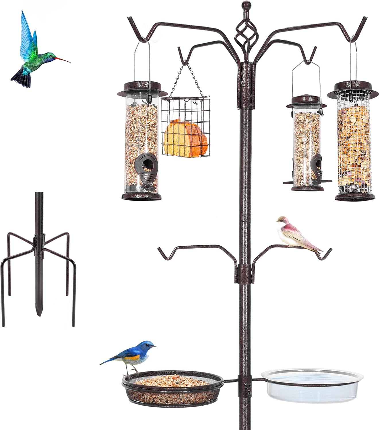 Bird Feeding Station Kit, 94 Inch Bird Feeder Pole Stand for Outdoors Hanging with 4 Feeders, Metal Suet and Bath Tray for Wild Birds Watching