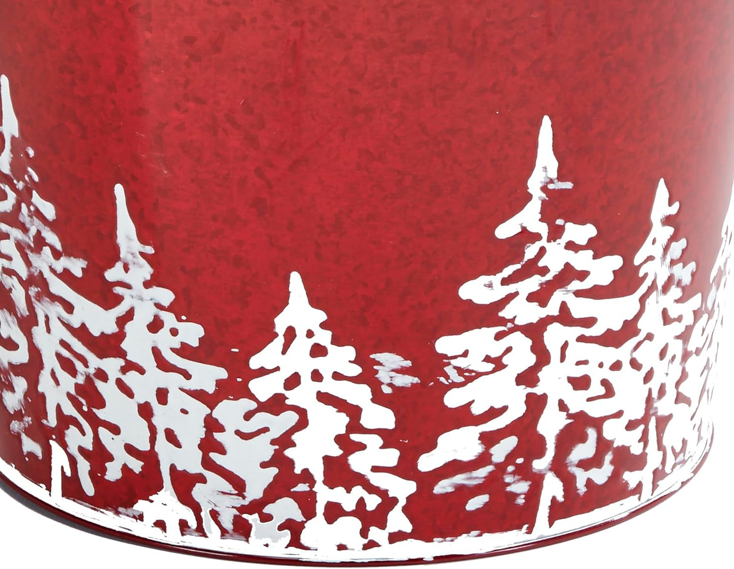 Red Galvanized Metal Christmas Planter Bucket with Tree Design, 9.25" Height, 9.5" Diameter, Set of 2
