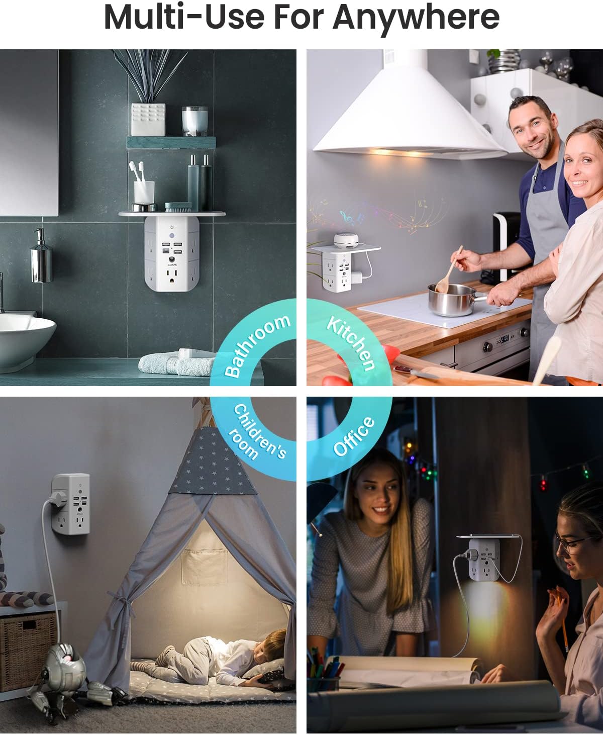 Wall Outlet Extender with Shelf and Night Light, Surge Protector, Wall