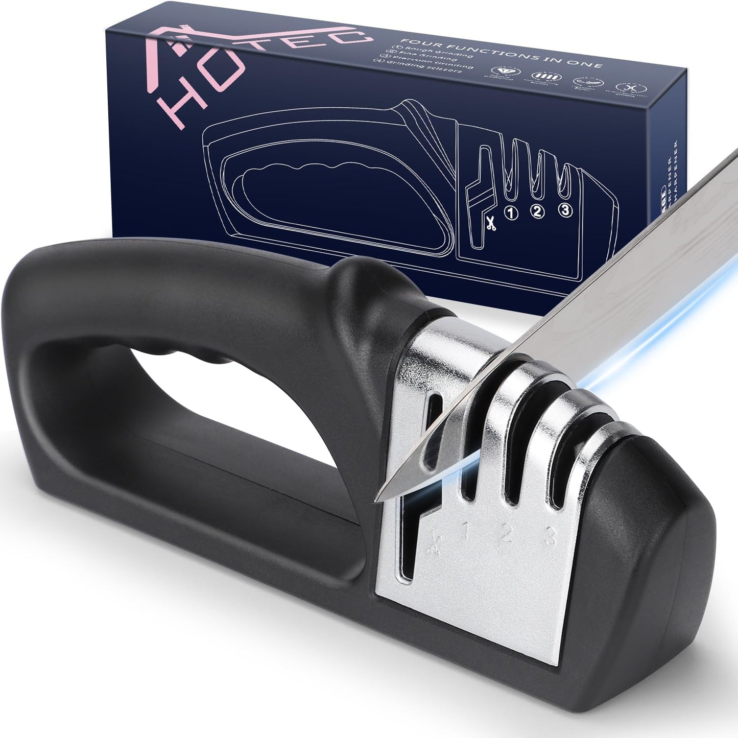HOTEC 4in1 Knife Sharpener, 3 Stage Manual Sharpener for Sharpening Kitchen Knives 1 Stage for Scissors- Ceramic Stone, Tungsten Carbide Plates, Diamond rods