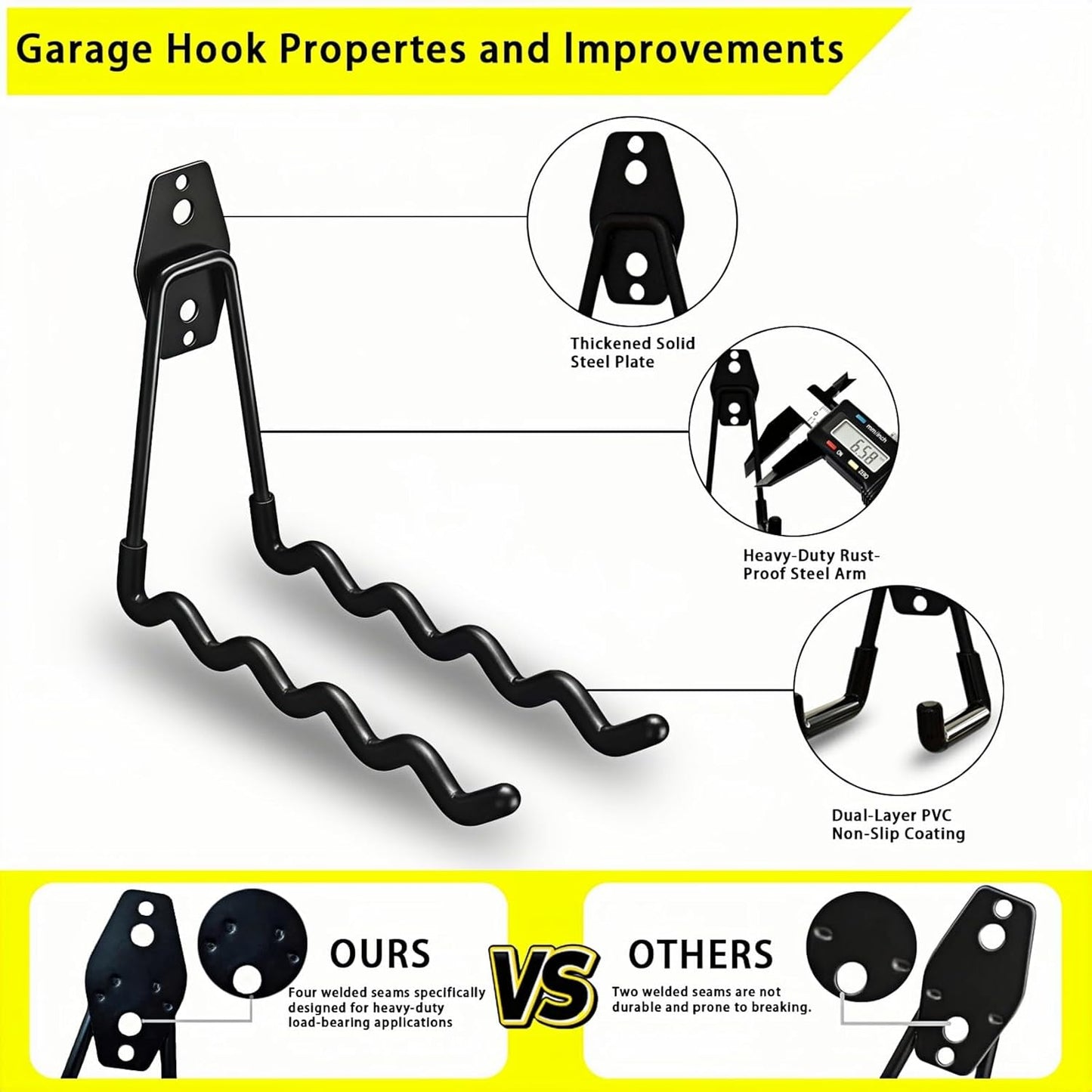 4 Pack Garage Hooks Heavy Duty with Anti-Slip Coating, Steel Utility Wave Hooks for Hanging Ropes, Bikes, Garden Tools, Hoses and More (Black)