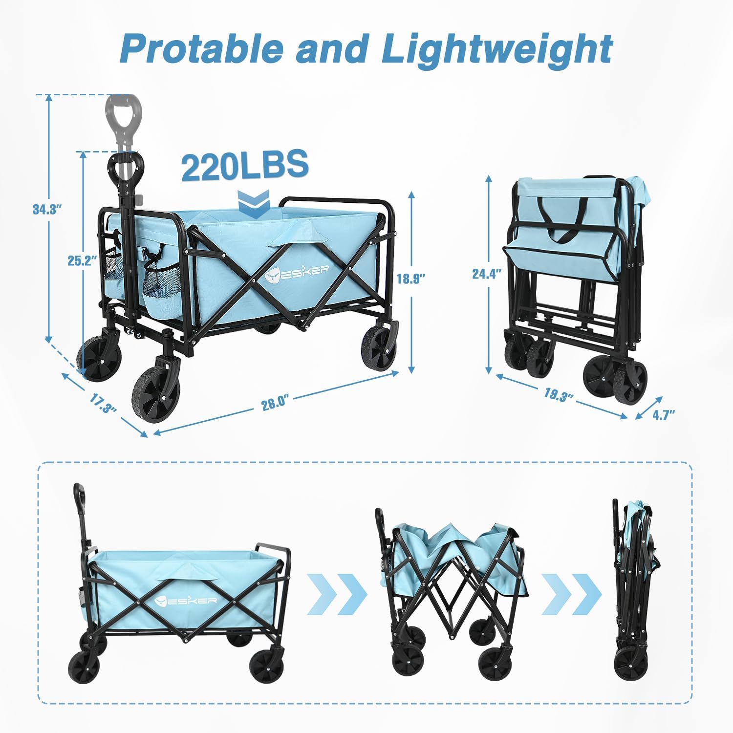 Yesker Foldable Wagon - 220lbs Collapsible Garden Carts with All Terra