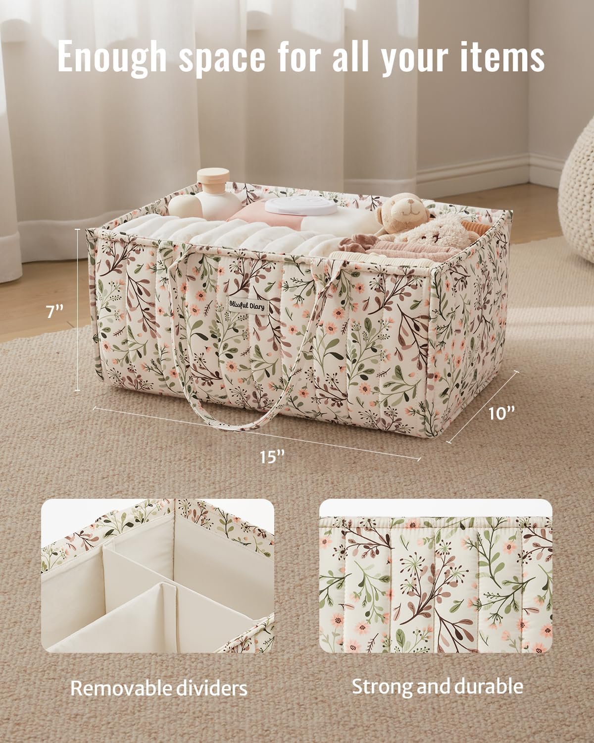 Blissful Diary Floral Diaper Caddy Organizer, Stylish Nursery Storage 