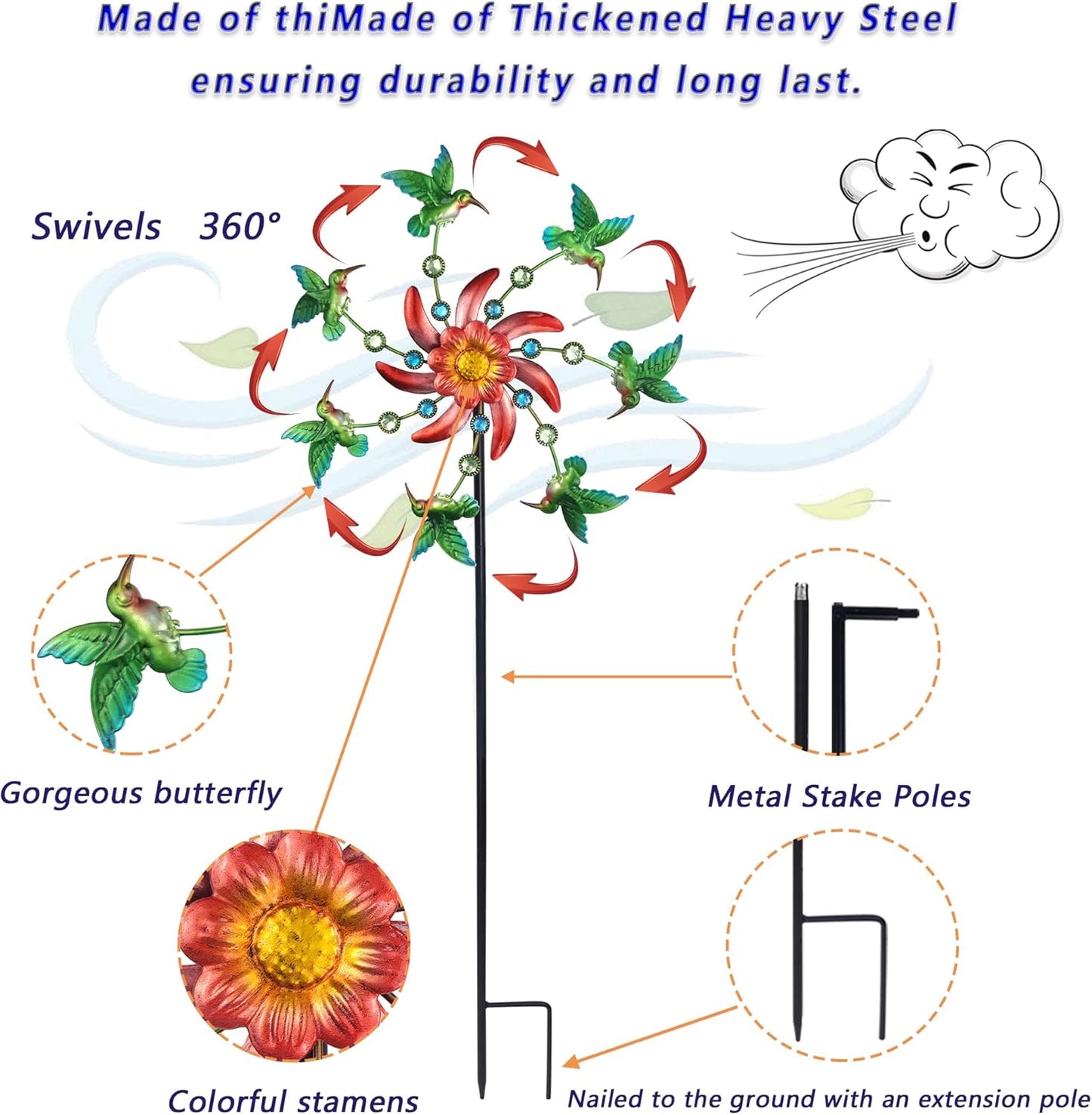 39" Hummingbird Wind Spinner for Yard and Garden Stake,Outdoor Metal Windmill Single Direction Wind Sculptures Kinetic Windmills for Yard Garden Decorations