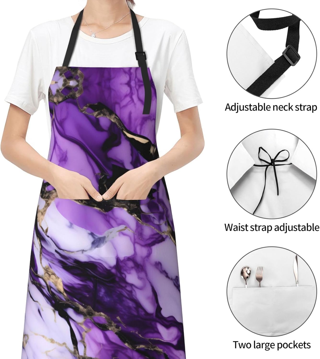 purple marble print Waterproof apron with pocket adjustable cooking ap