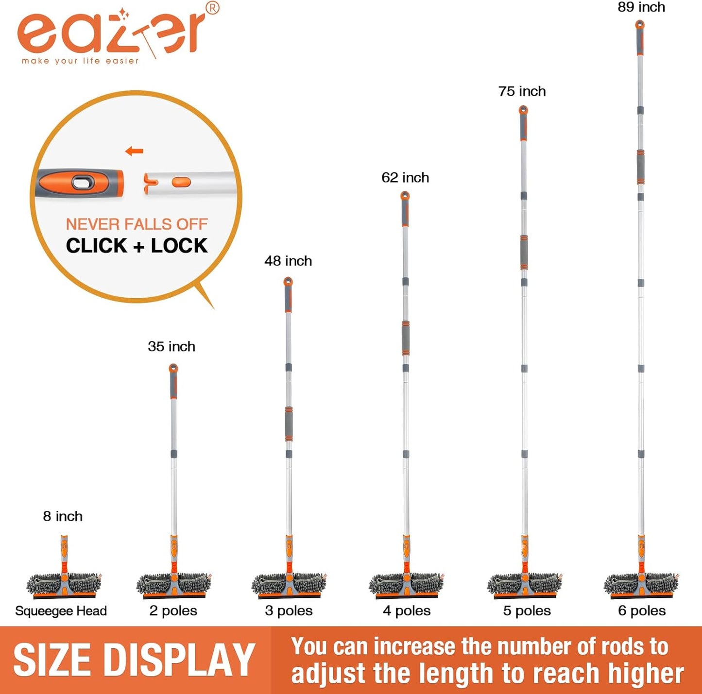 Eazer 89'' Squeegee Window Cleaner 2 in 1 Rotatable Window Cleaning Tool Kit with Extension Pole, Window Washing Equipment with Bendable Head for Indoor/Outdoor Window and Car Glass