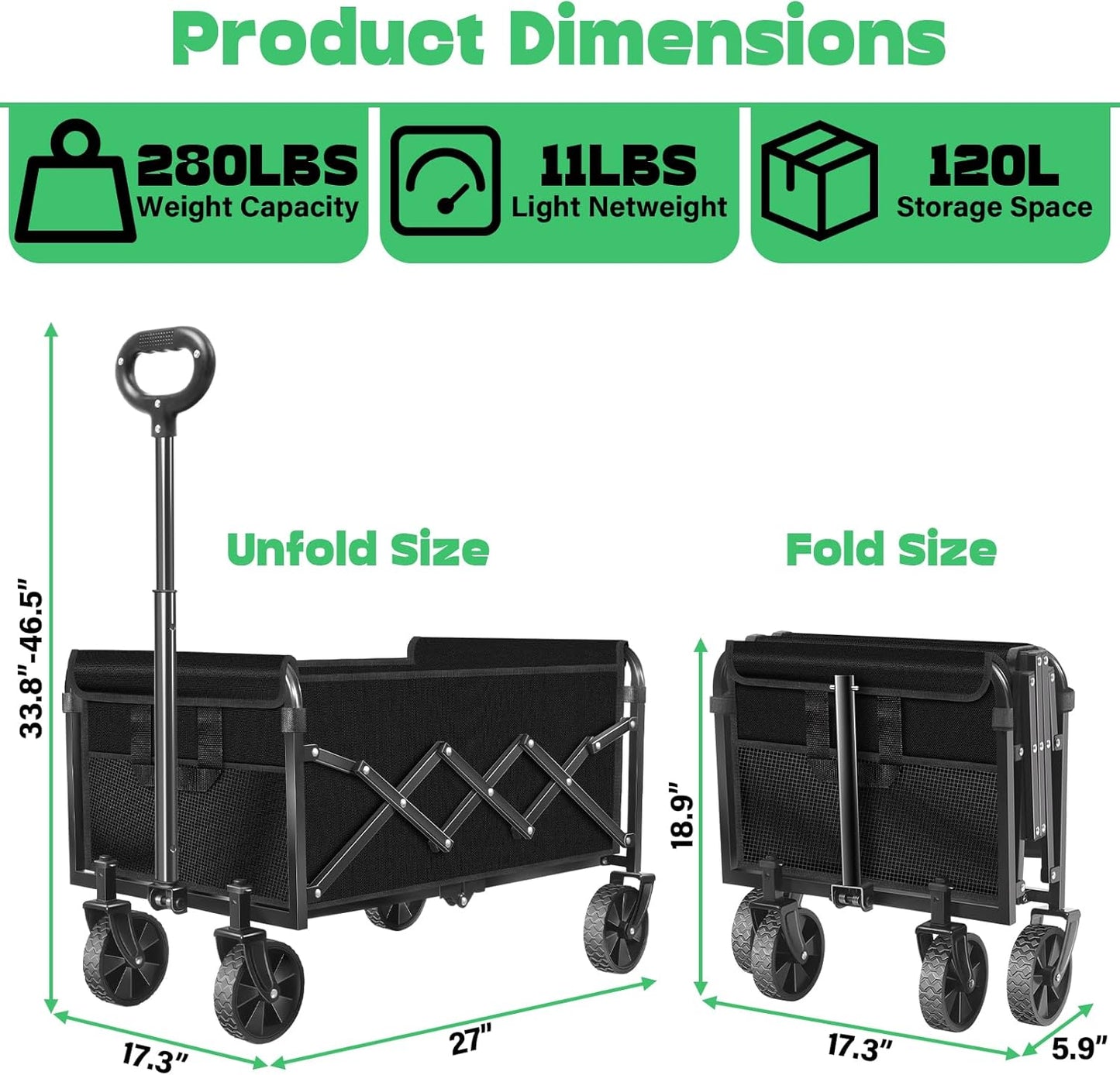 Collapsible Wagons carts Foldable Wagon, 280lbs Folding Wagon Cart with Wheels, Utility Camping Cart for Camping Picnic Grocery Sports Garden