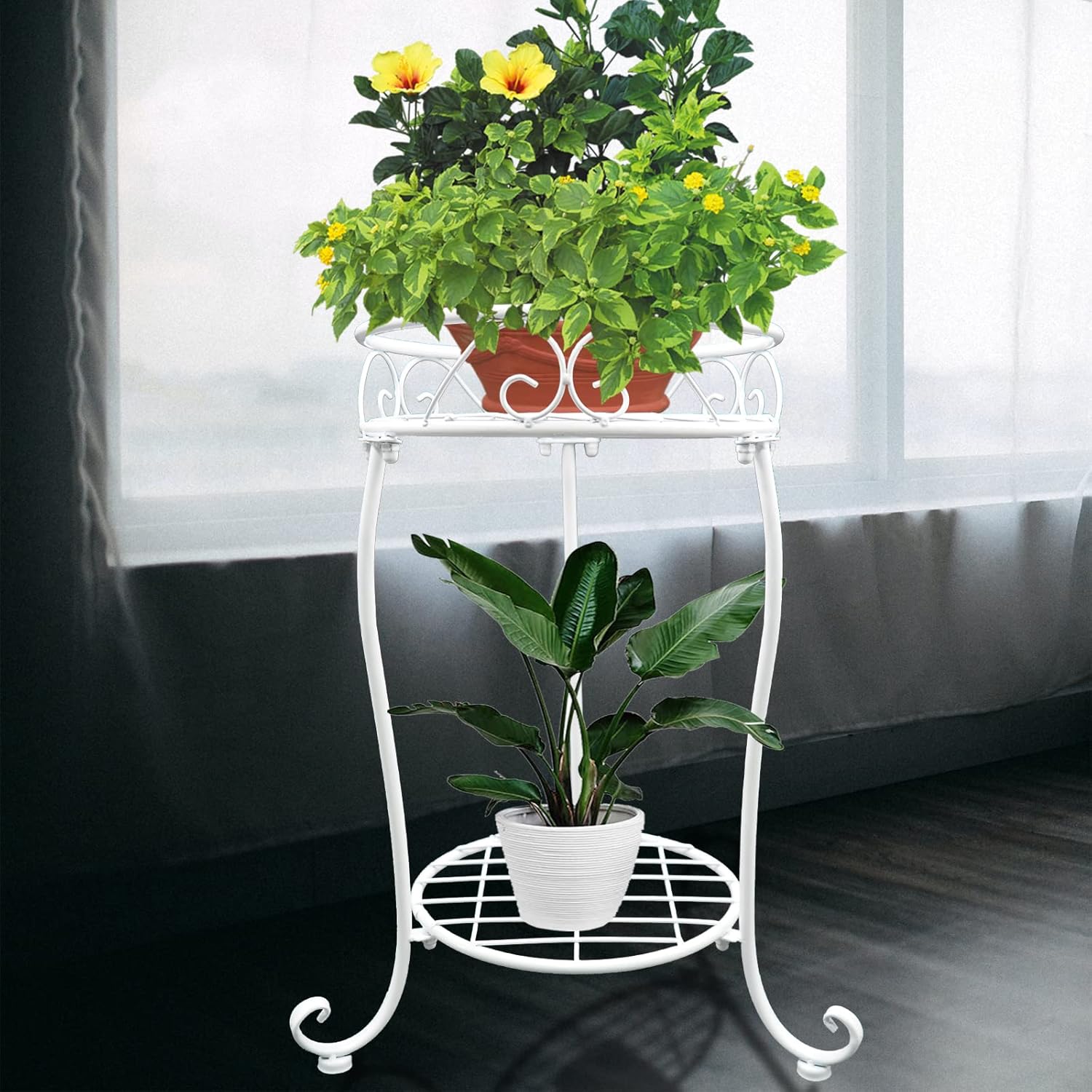 White Metal Plant Stand, 18.5 inch Tall 2 Tier Potted Holder Rack, Hea