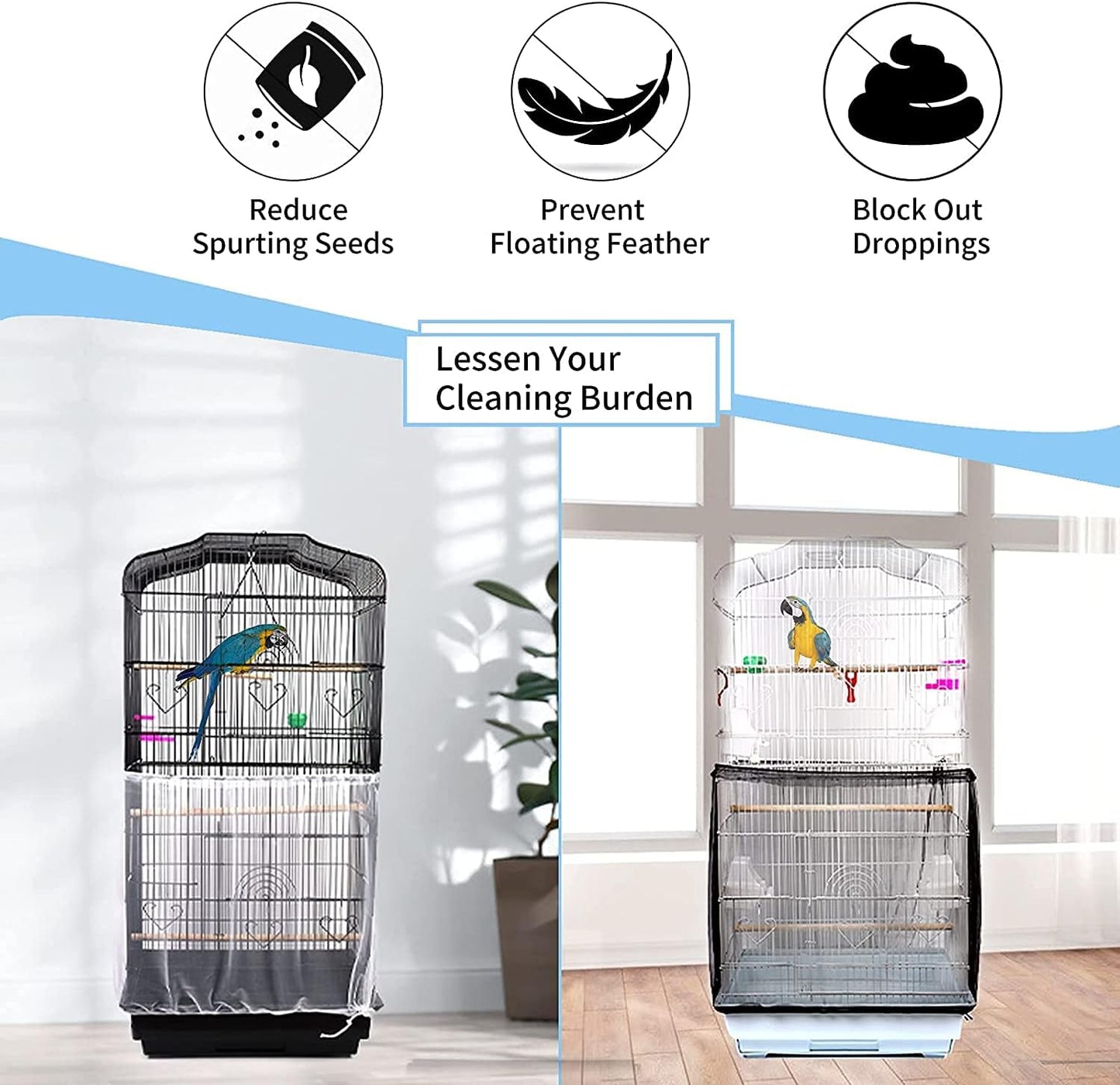 Universal Bird Cage Seed Catcher,Seed Catcher Guard Net Cover,Parrot Nylon Mesh Net Cover,Soft Airy Cage Net Stretchy Skirt for Round Square Cage