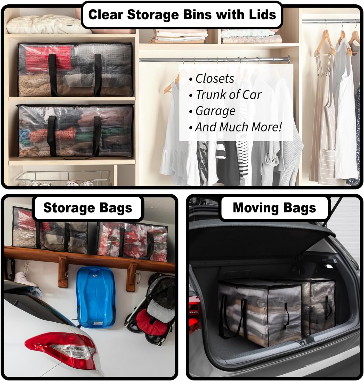 ClearSpace Clear Storage Bins with Lids or Storage Bags – Heavy Duty Moving Bags, Large Moving Boxes with Backpack Straps & Zippers – Packing Bags & Moving Supplies for College Dorm, 6 Pack